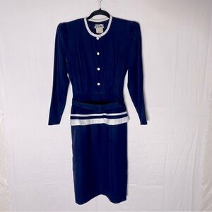 Vintage Nu-Mode Navy Blue Long Sleeve Button Front Belted Dress L Secretary
